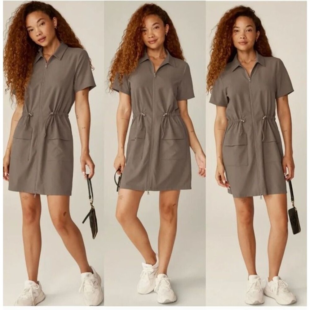 Beyond Yoga City Chic Dress Dune Taupe Gray Collared Zip Front Cargo Size L NWOT